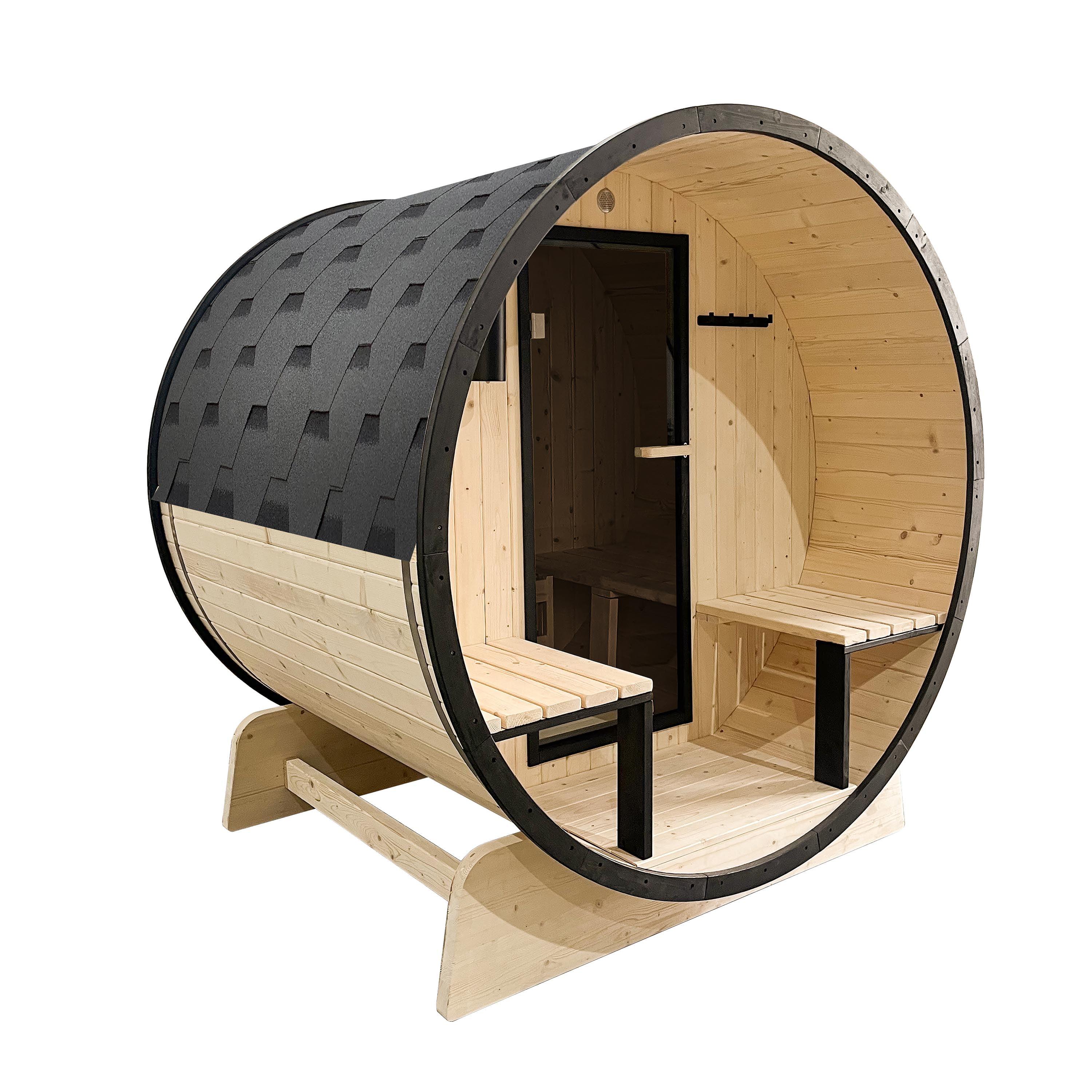 3-Person Yellow Pine Wood Oval Barrel Sauna with Glass Door