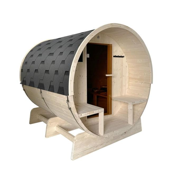 ALEKO Outdoor or Indoor White Finland Pine Wet Dry Barrel Sauna - Front Porch Canopy - 8 kW UL Certified KIP Harvia Heater -6-8 Person
