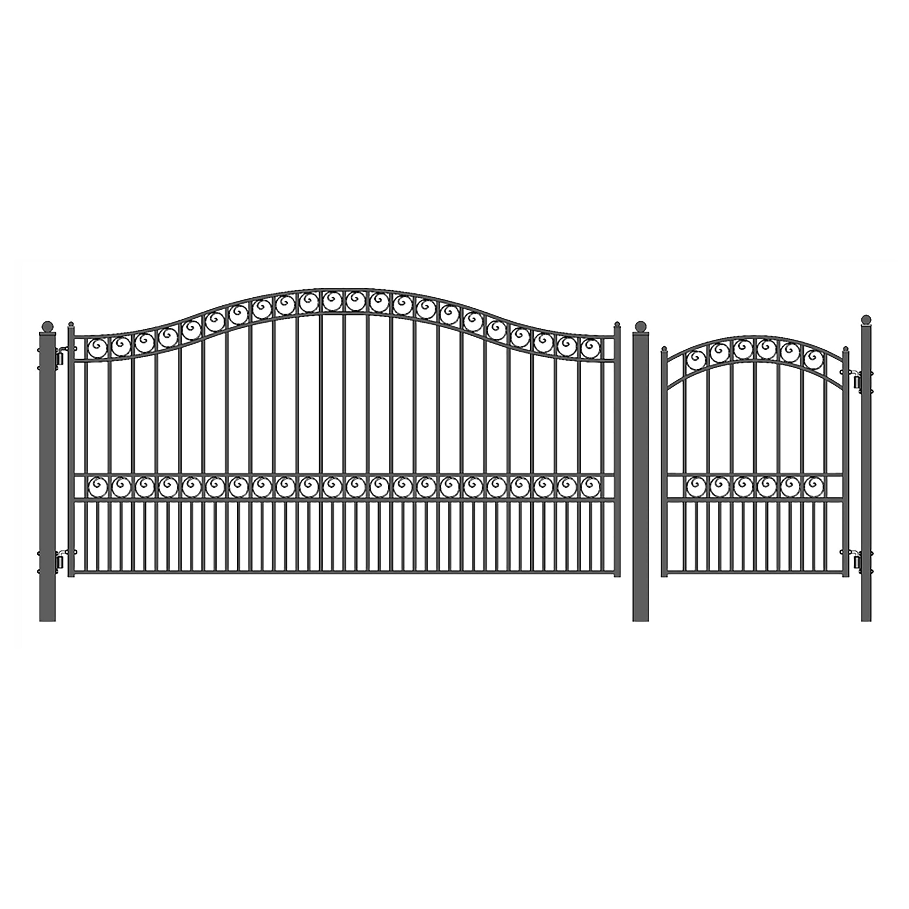 Paris Style Black Steel 12' Driveway Gate with Pedestrian Gate