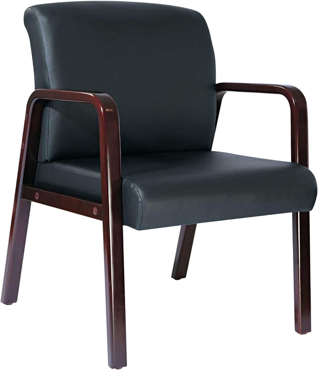 Elegant Mahogany Wood Guest Chair with Fixed Black Leather Arms