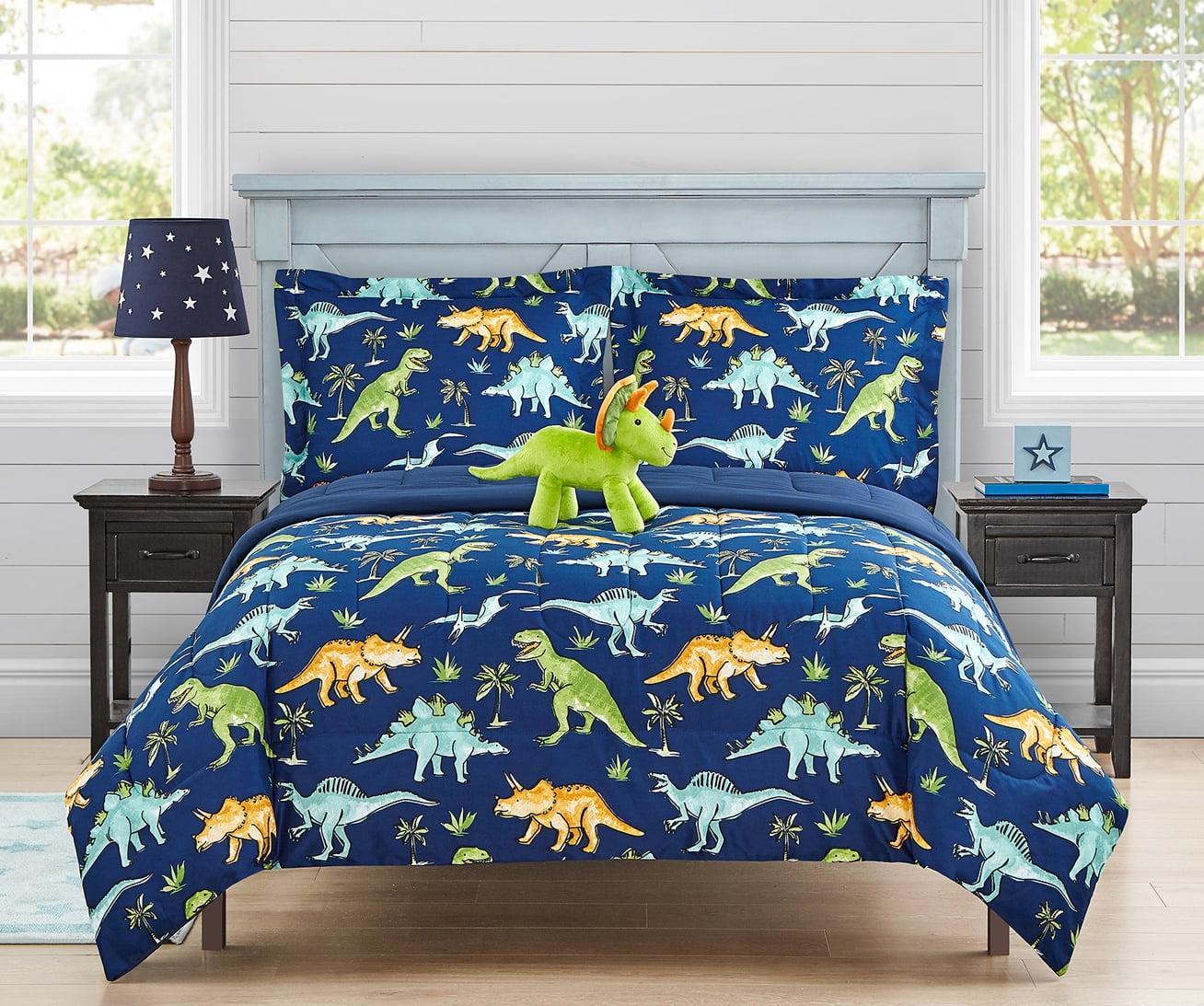 Full Blue Microfiber Dinosaur Comforter Set with Plush Pillow