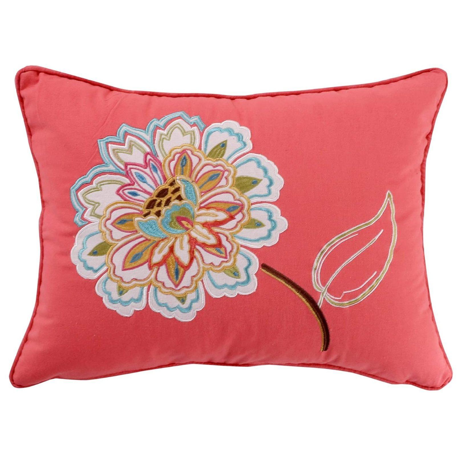 Coral Embroidered Floral Lumbar Pillow with Feather Fill