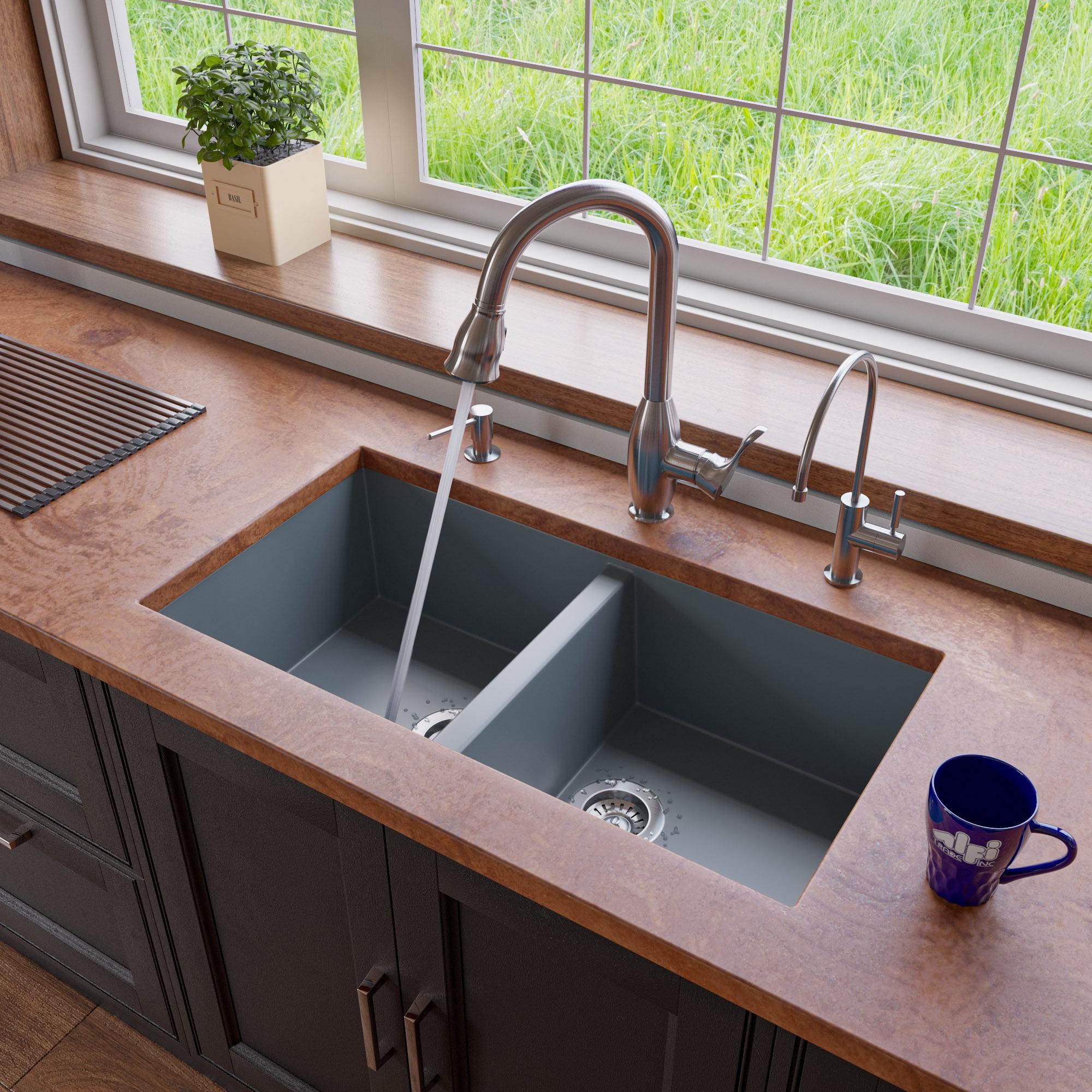 33.88'' L Undermount Double Bowl Granite Kitchen Sink