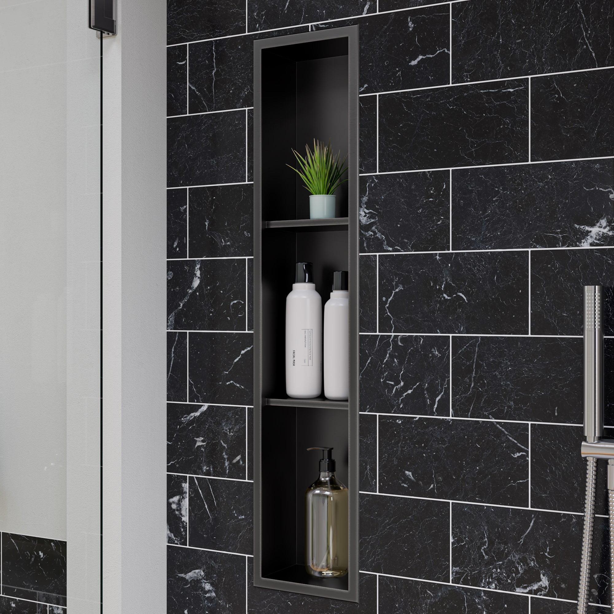 Brushed Black Stainless Steel Vertical Triple Shelf Shower Niche