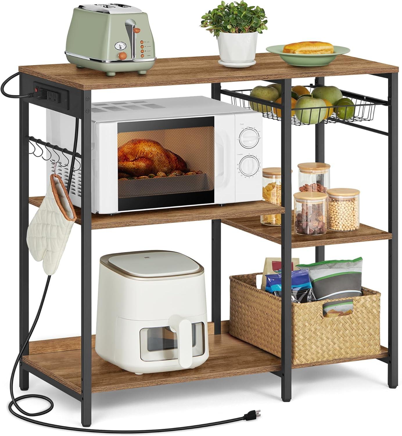 Rustic Brown Adjustable Kitchen Baker's Rack with Power Outlet