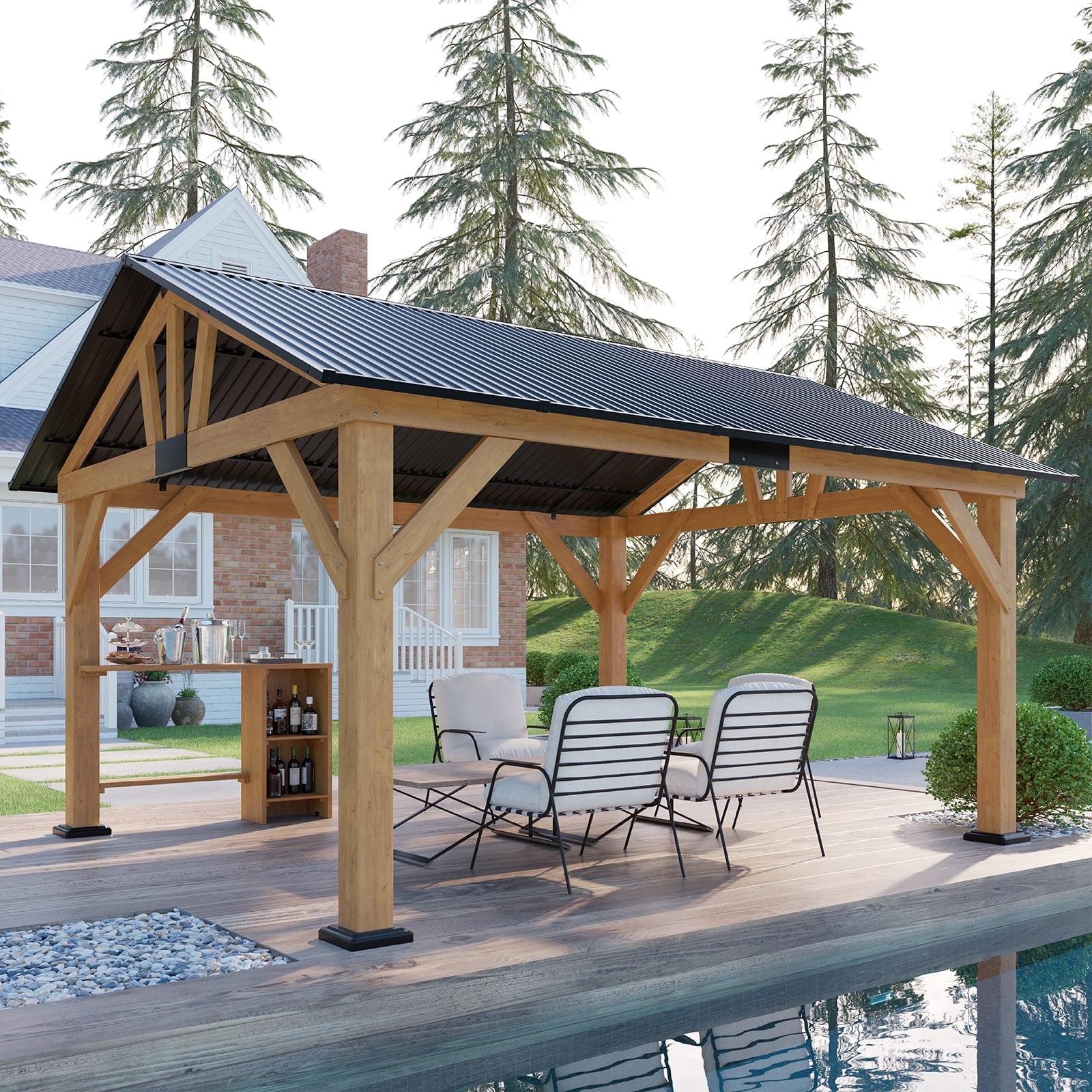 14x12 Black and Natural Wood Patio Gazebo with Bar Storage