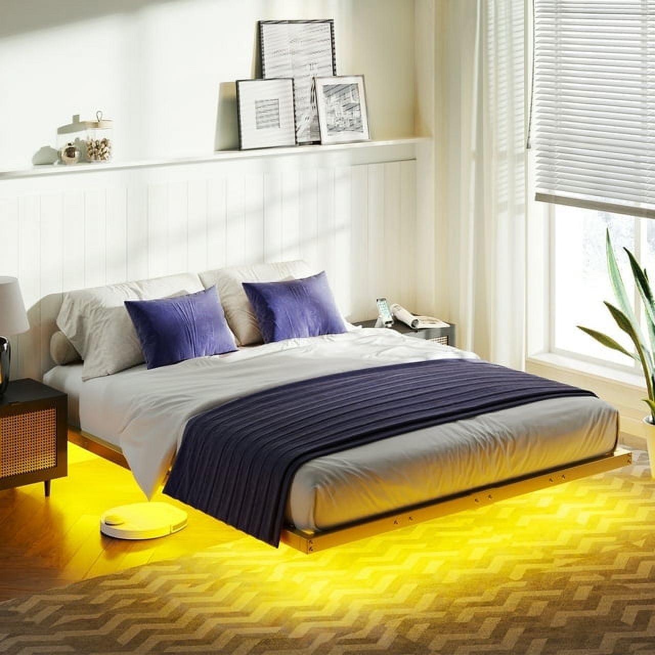 Gold Full Size Floating Metal Bed Frame with LED Lights