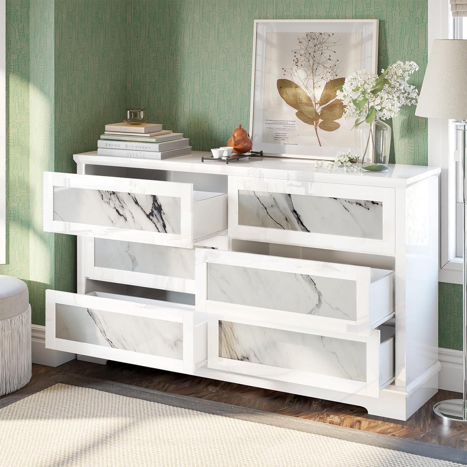 54" White High-Gloss 6-Drawer Dresser with Natural Marble Accents