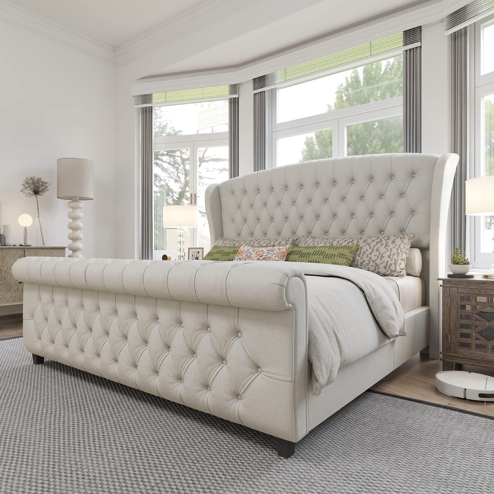 Dulane Chenille / Velvet Upholstered Sleigh Bed with Scroll Wingback Headboard