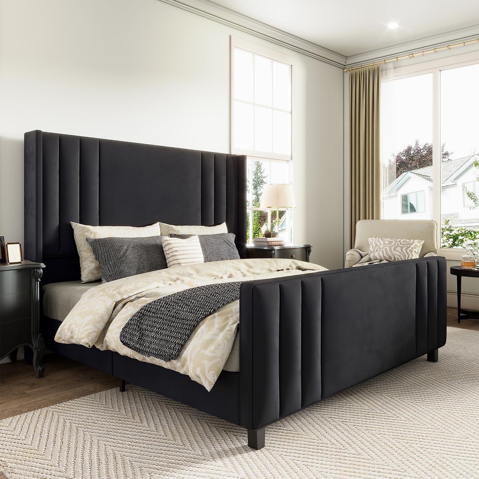 VANACC Queen Bed Frame, Velvet Upholstered Bed with Channel Tufted Headboard/Footboard Black