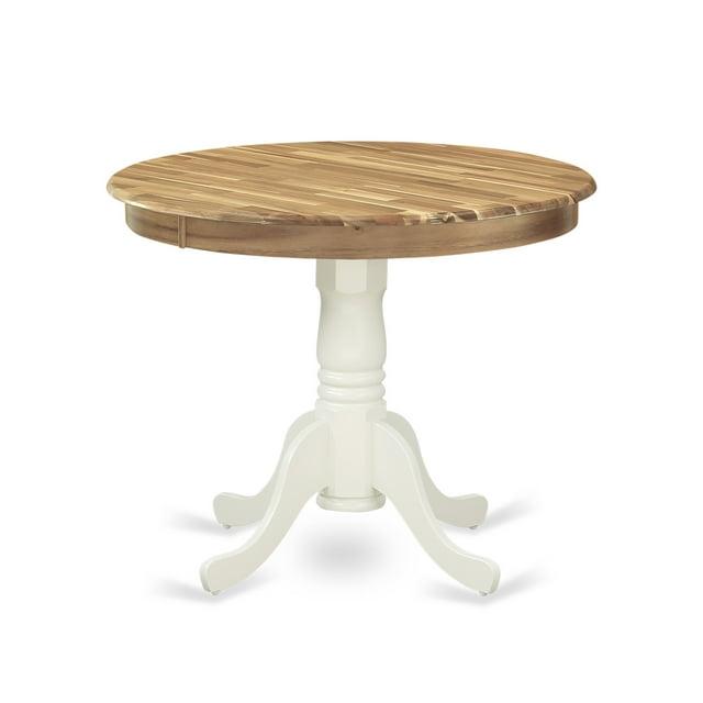 36 in. Antique Round Acacia Wood Dining Table with Linen White Pedestal