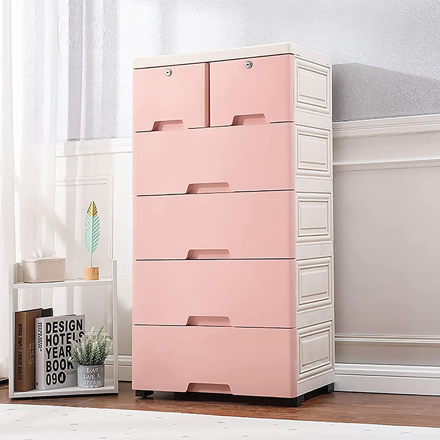 Pink 6-Drawer Plastic Storage Cabinet with Lock and Casters