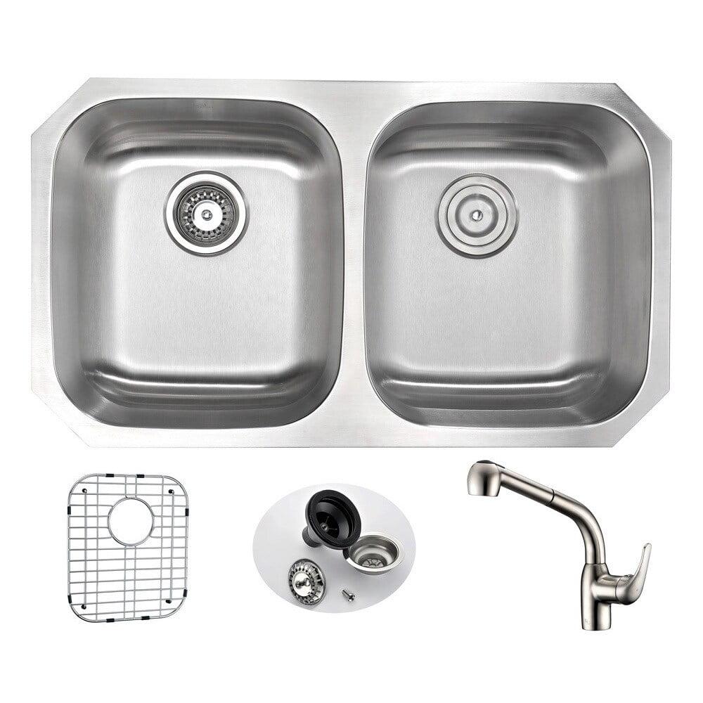 Moore 32'' Stainless Steel Double Bowl Kitchen Sink with Brushed Nickel Faucet