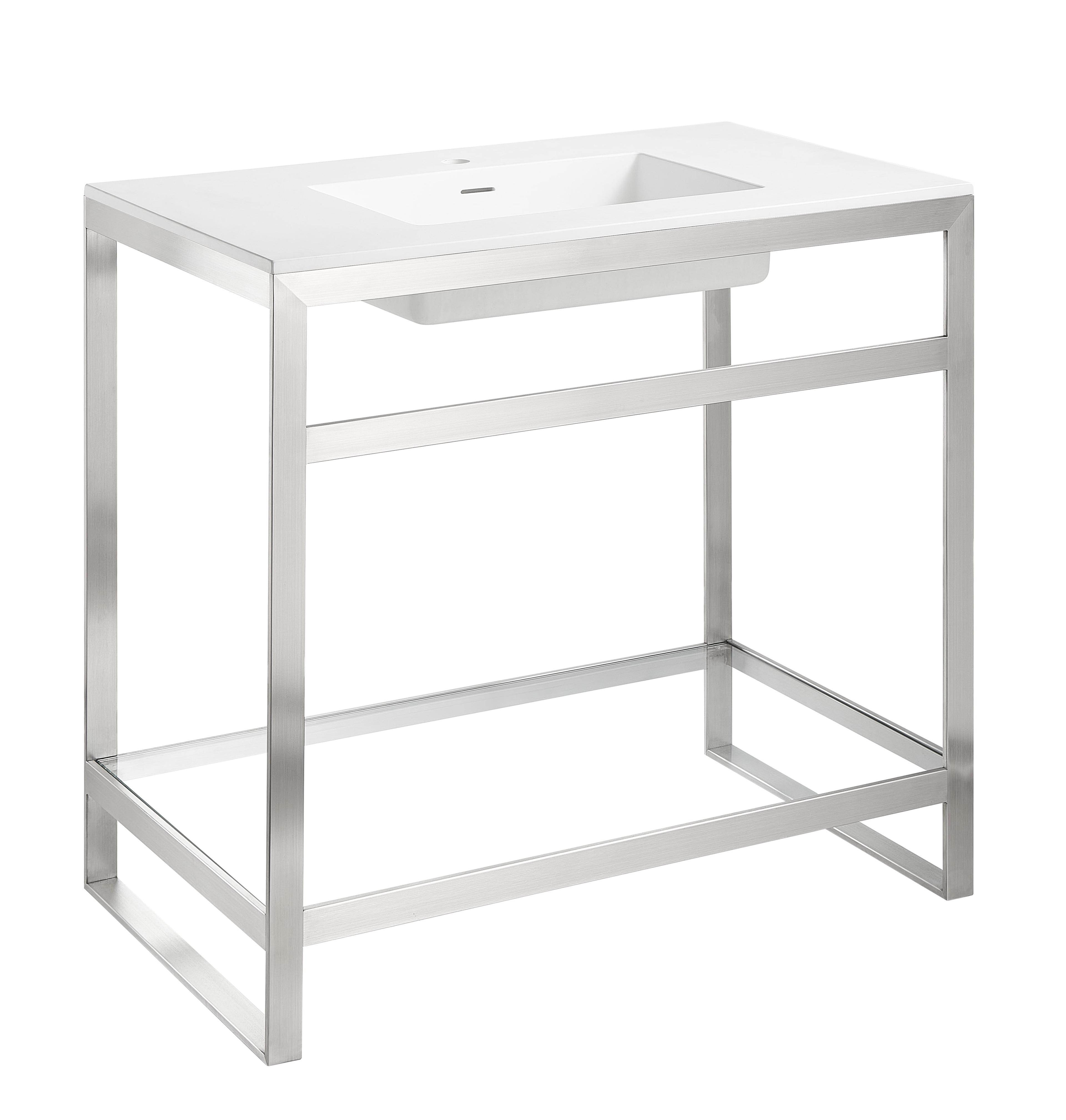 Brushed Nickel and Glossy White Glass Console Sink