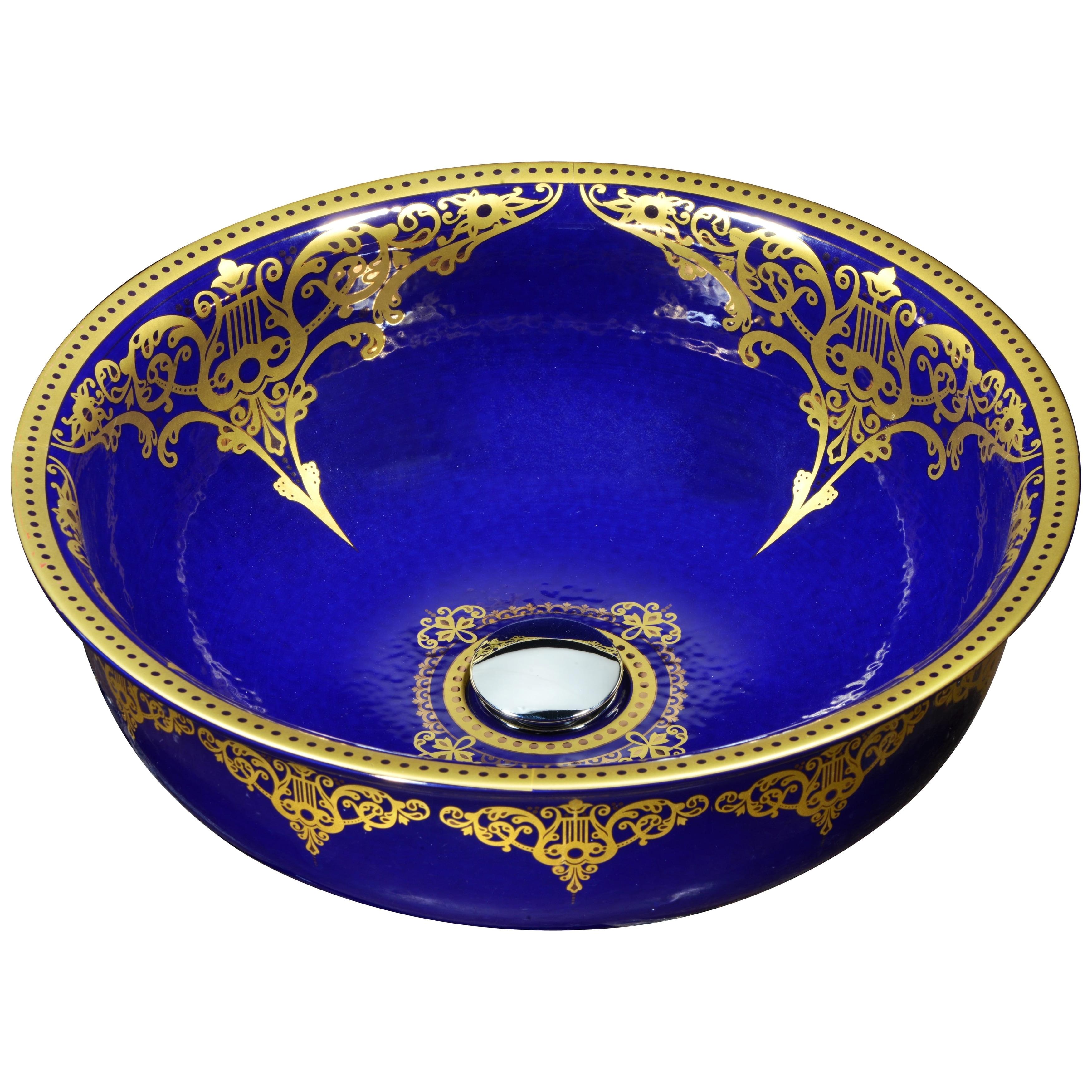 Royal Blue and Gold Glass Circular Vessel Sink