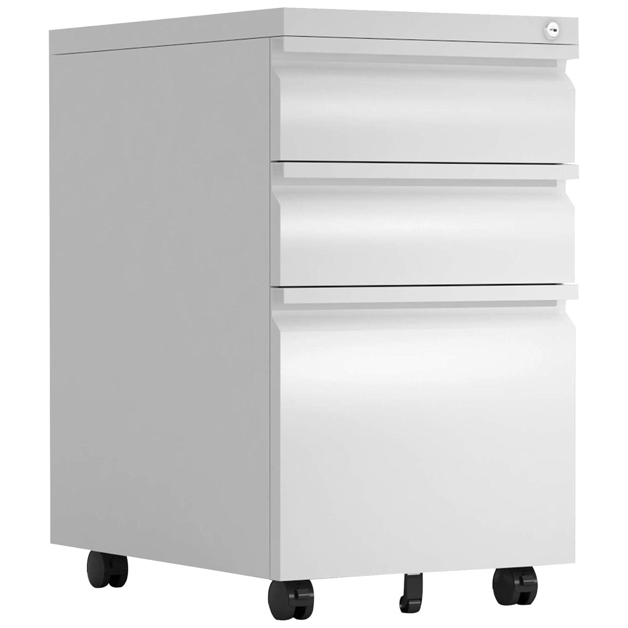 White 15" Mobile 3-Drawer Metal File Cabinet with Lock