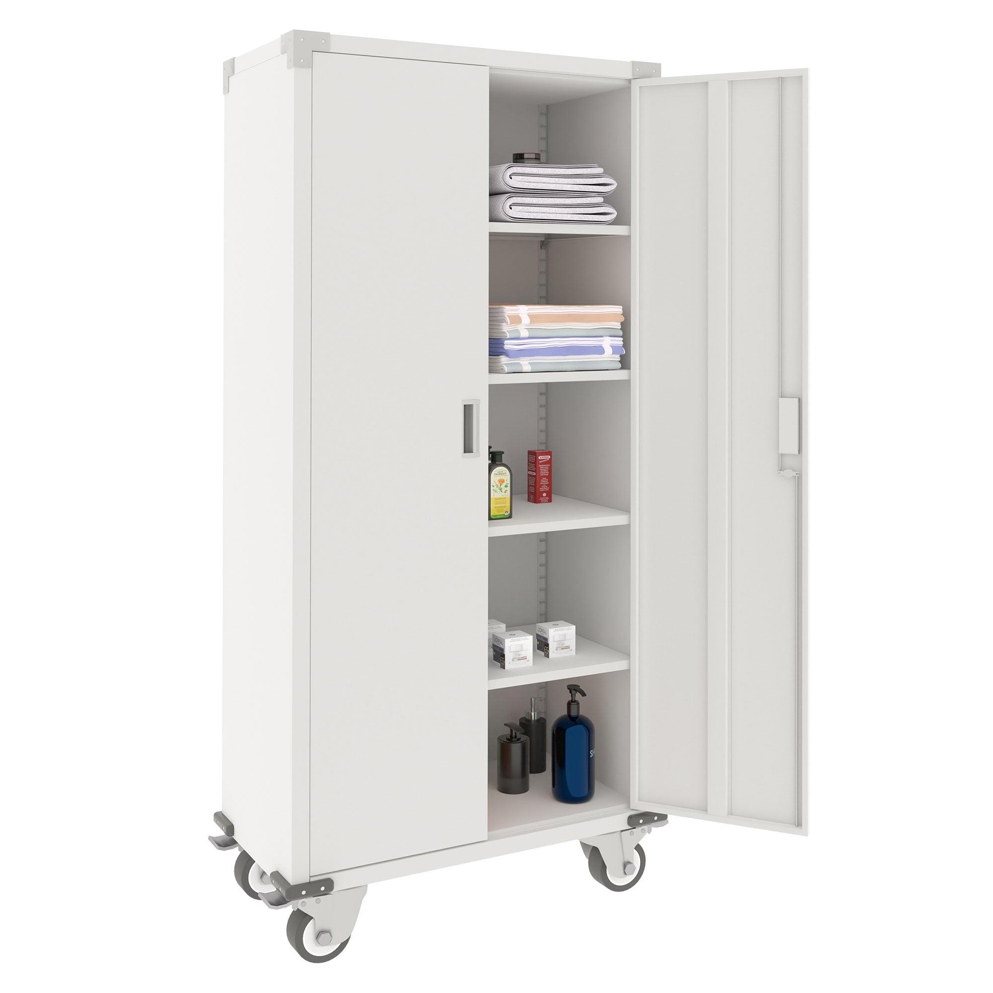 AOBABO 72 Inch Locking Metal Garage Home Office Storage Cabinet with Universal Rubber Wheels/Lockable Casters and Magnetic Doors, White