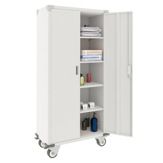 AOBABO 72 Inch Locking Metal Garage Home Office Storage Cabinet with Universal Rubber Wheels/Lockable Casters and Magnetic Doors, White