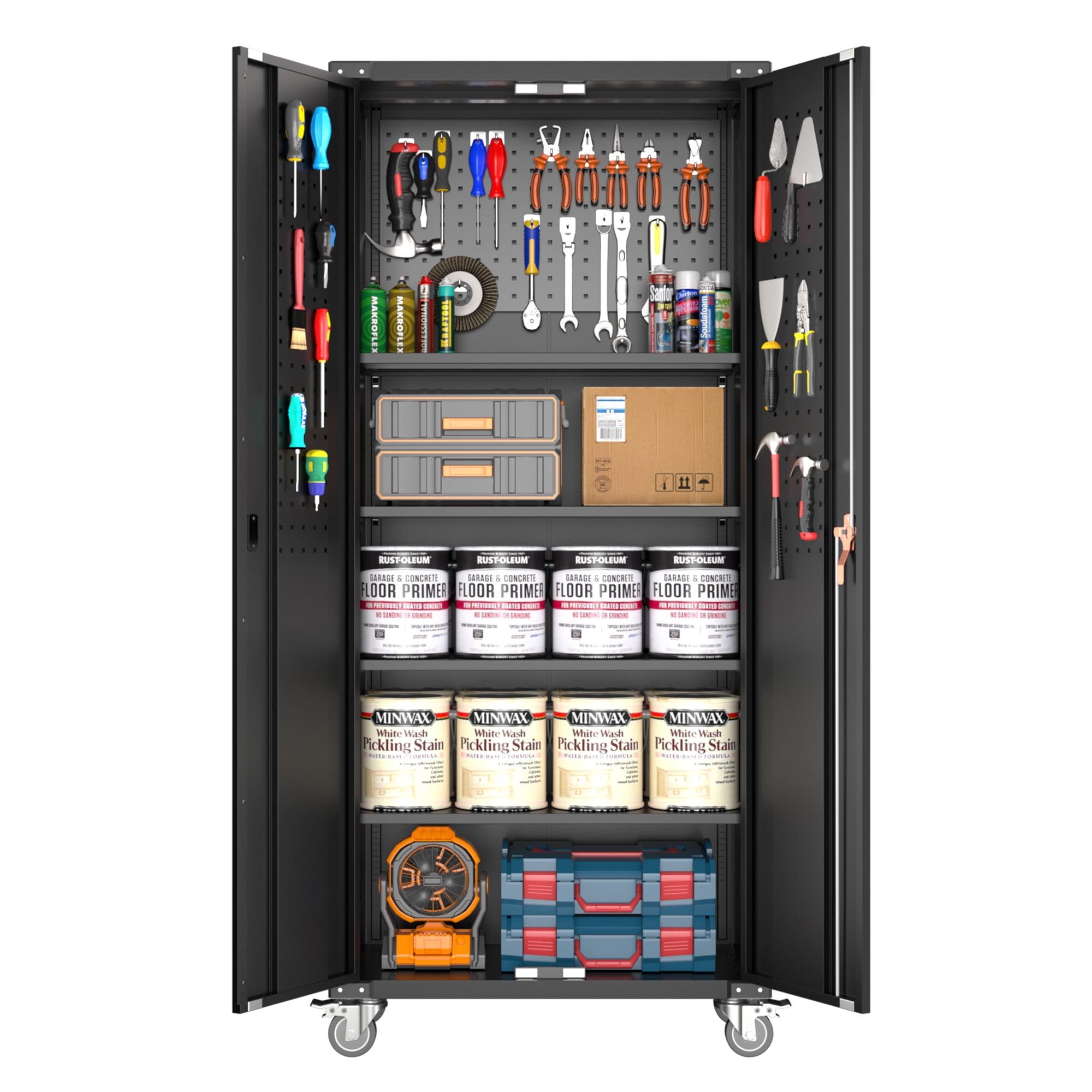 Open Box AOBABO 72 Inch Locking Metal Garage Cabinet w/Wheels & Pegboards,Black