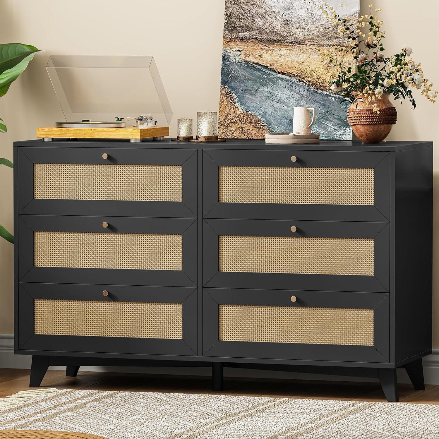 Black Double Rattan 6-Drawer Dresser with Gold Handles