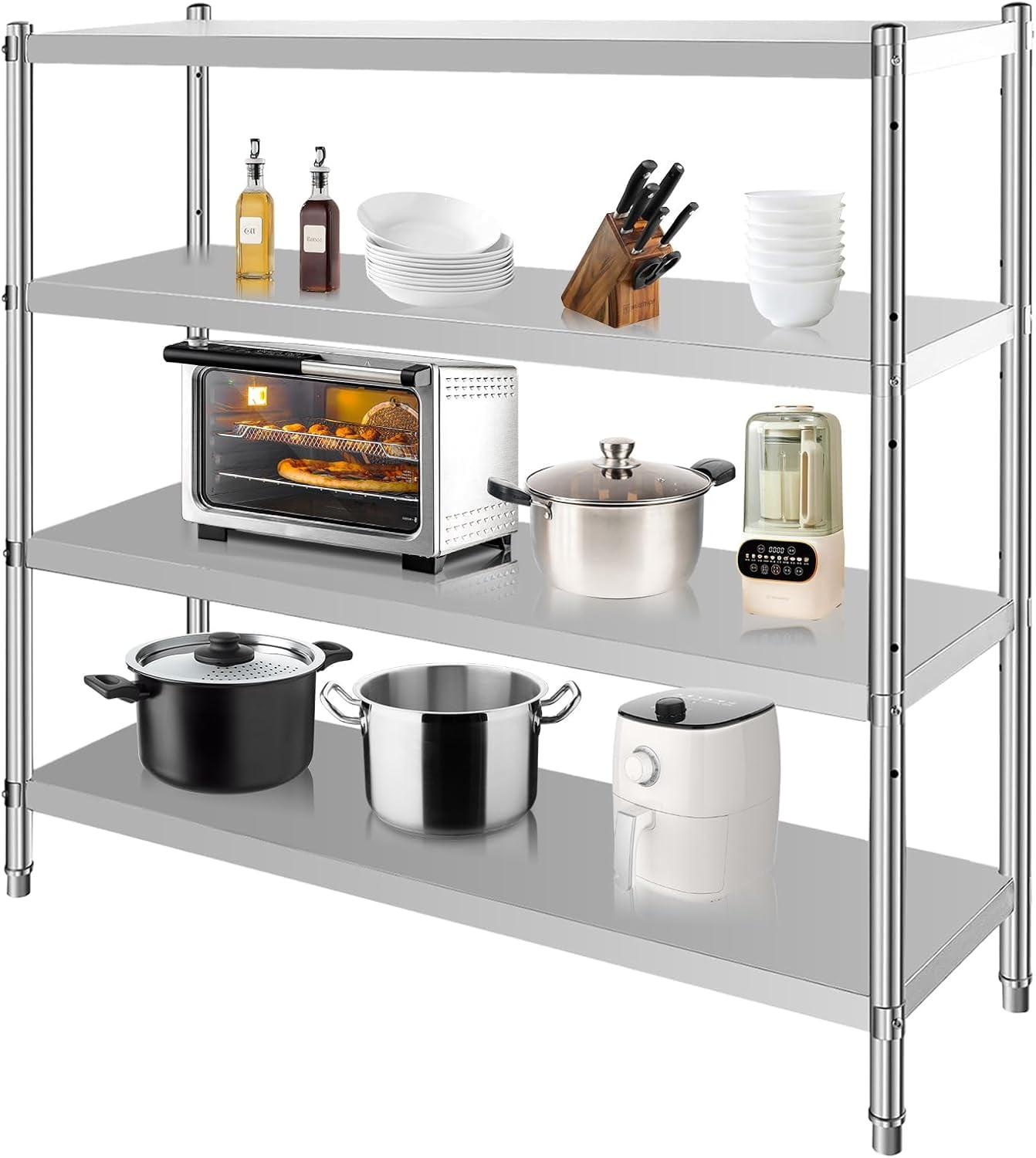 Silver 4-Tier Adjustable Stainless Steel Storage Shelf Unit