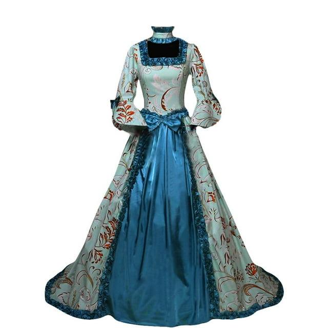 Womens Dresses Gothic Gowns Floral Print Long Flared Sleeve Patchwork Party Court Princess Dress