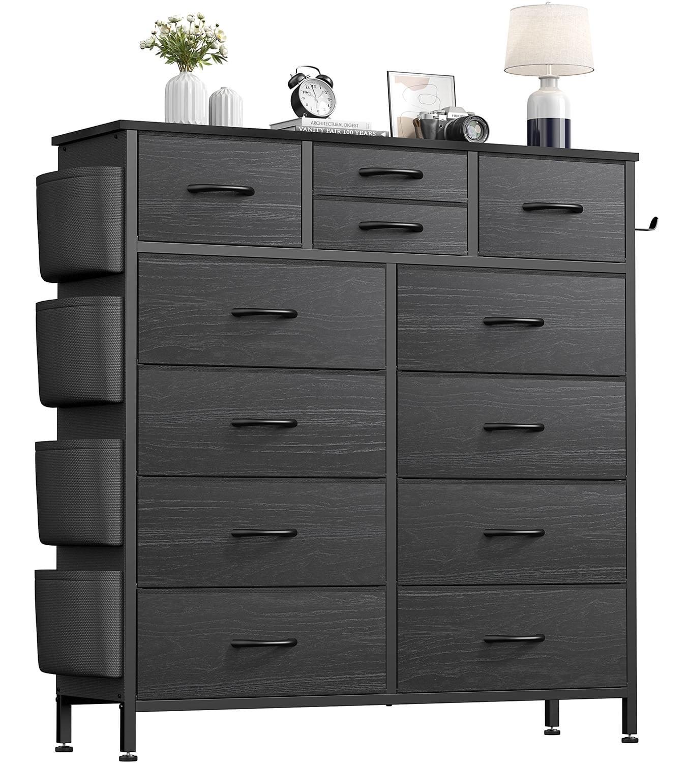 AOWOS 12 Drawer Dresser for Bedroom Fabric Storage Tower Black Dresser with Wood Top Sturdy Steel Frame Storage Organizer Unit