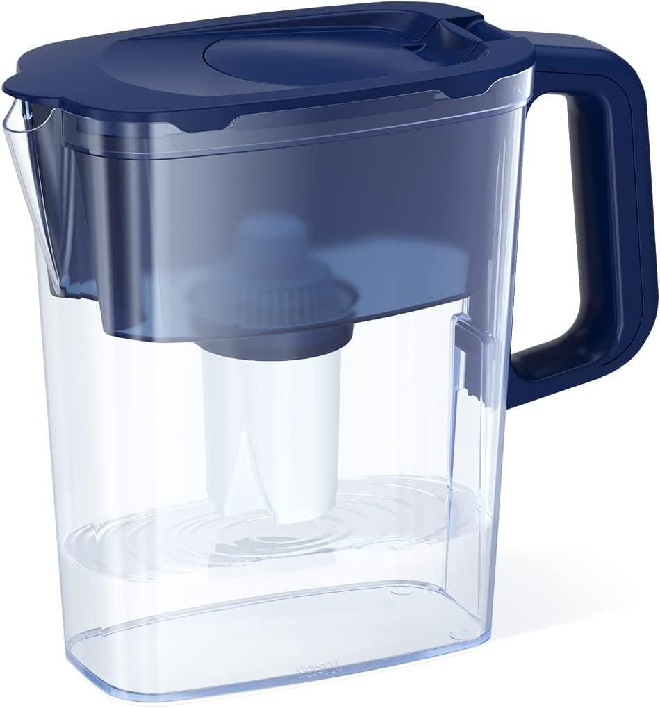 AQUAPHOR Compact 5-Cup Water Filter Pitcher – Dark Blue with 1 x B15 Filter - Fits in the Fridge Door - Reduces Limescale and Chlorine - Ideal for Five Cups