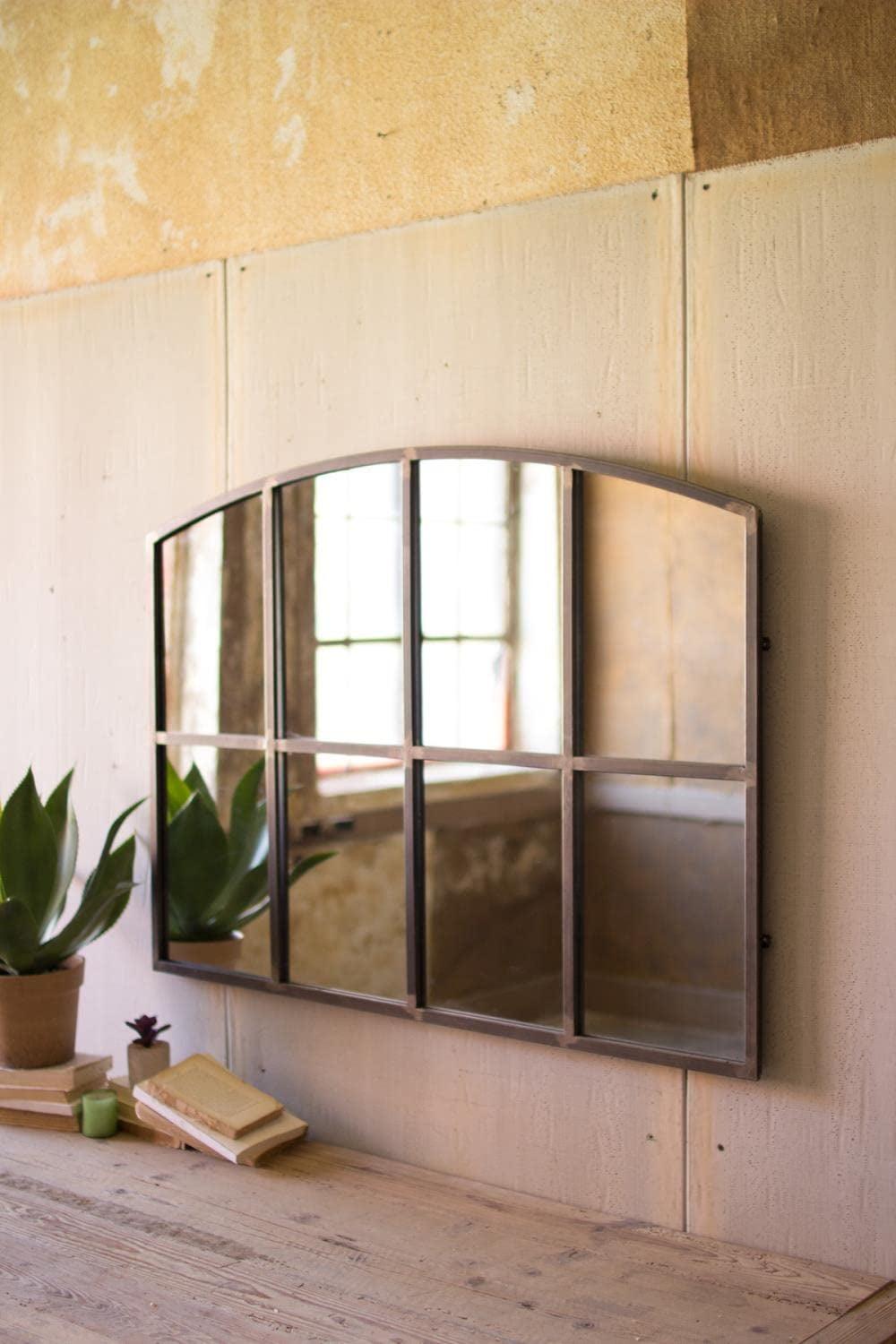 Arched Black Iron Wall Mirror with Windowpane Design