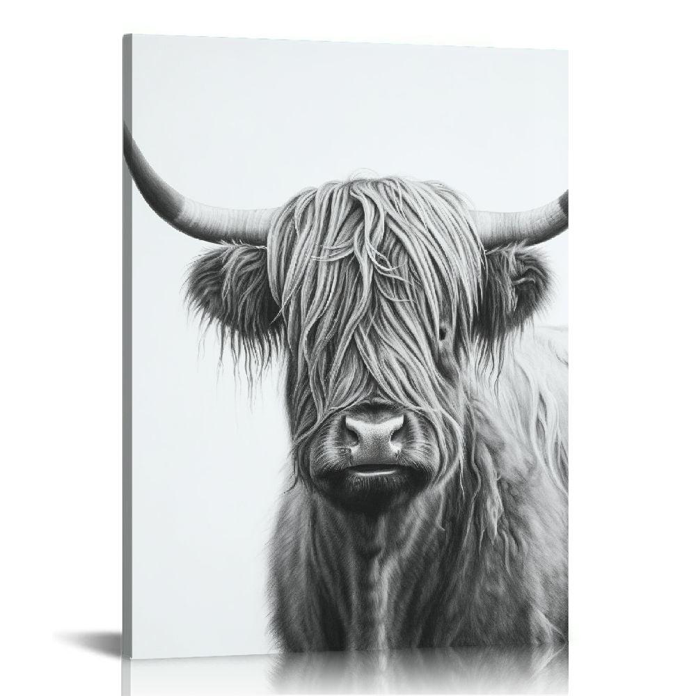 JEUXUS Highland Cow Wall Art, Cow Pictures Wall Decor, Rustic Black and White Funny Highland Cow Wall Art Canvas Poster, 20x16in Framed Ready to Hang, Farmhouse Longhorn Canvas Wall Art Decor