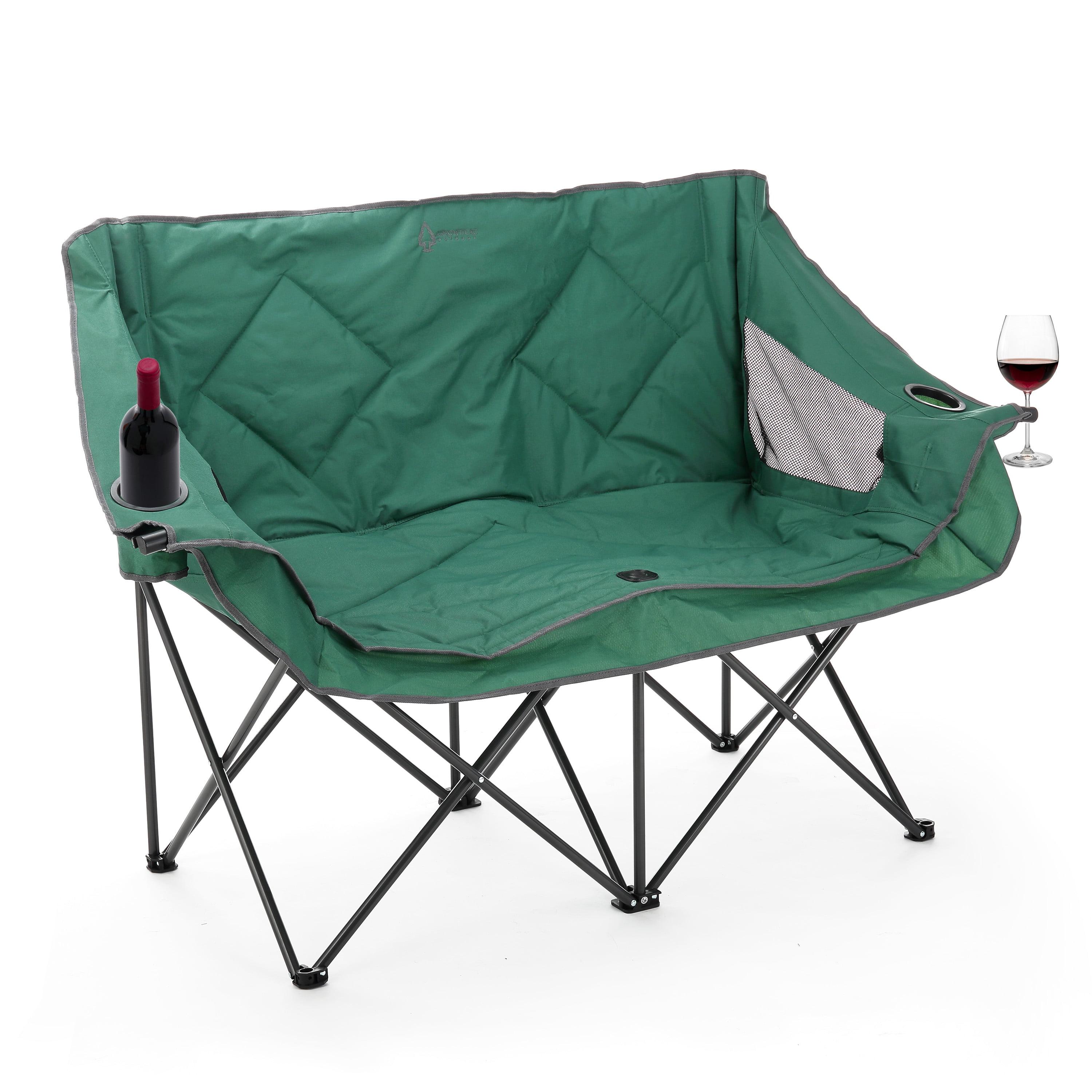 Arrowhead Outdoor Portable Folding Double Duo Camping Chair Loveseat Couch w/ 2 Cup & Wine Glass Holder, Supports up to 500lbs (Forest Green)