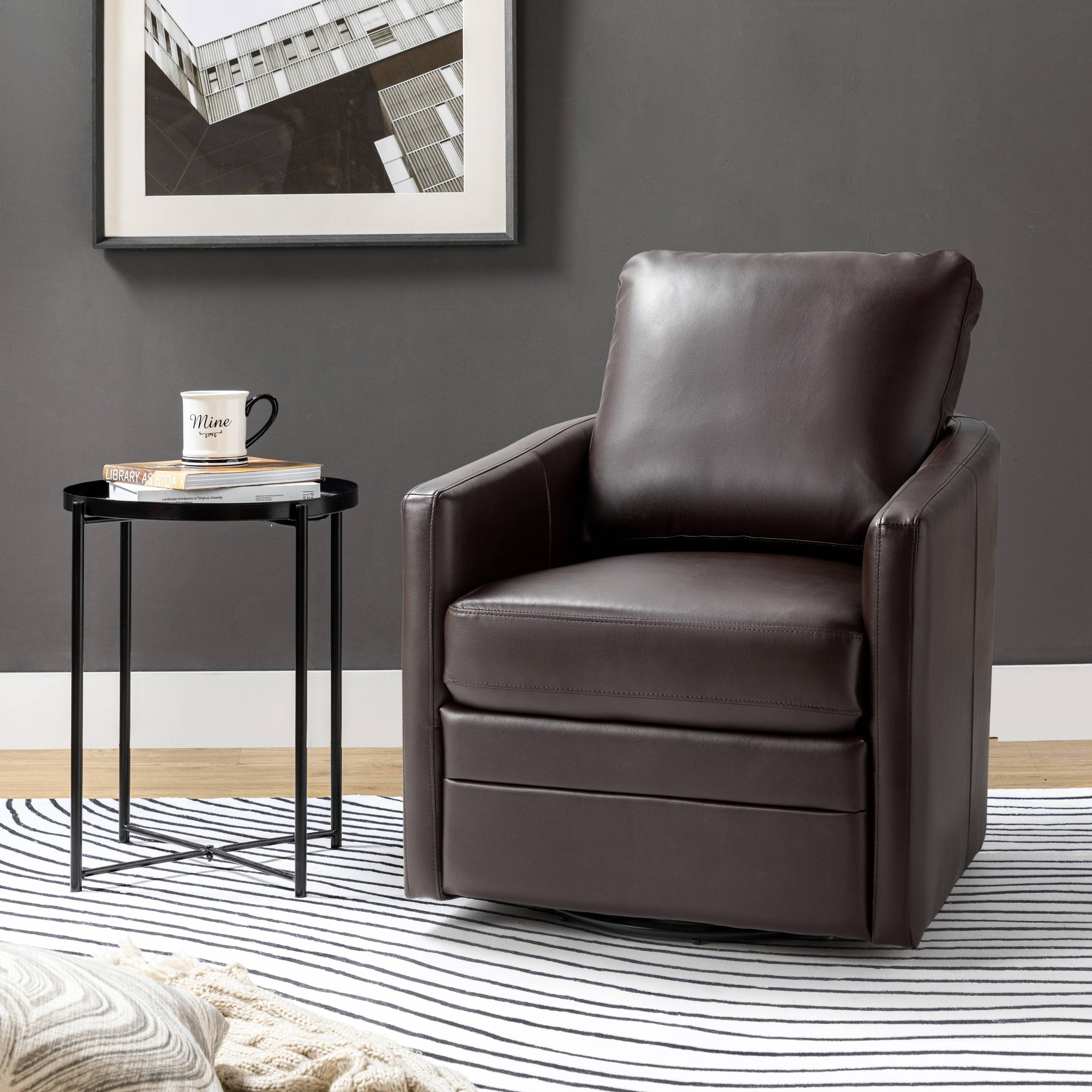 Brown Faux Leather Swivel Barrel Accent Chair with Metal Base