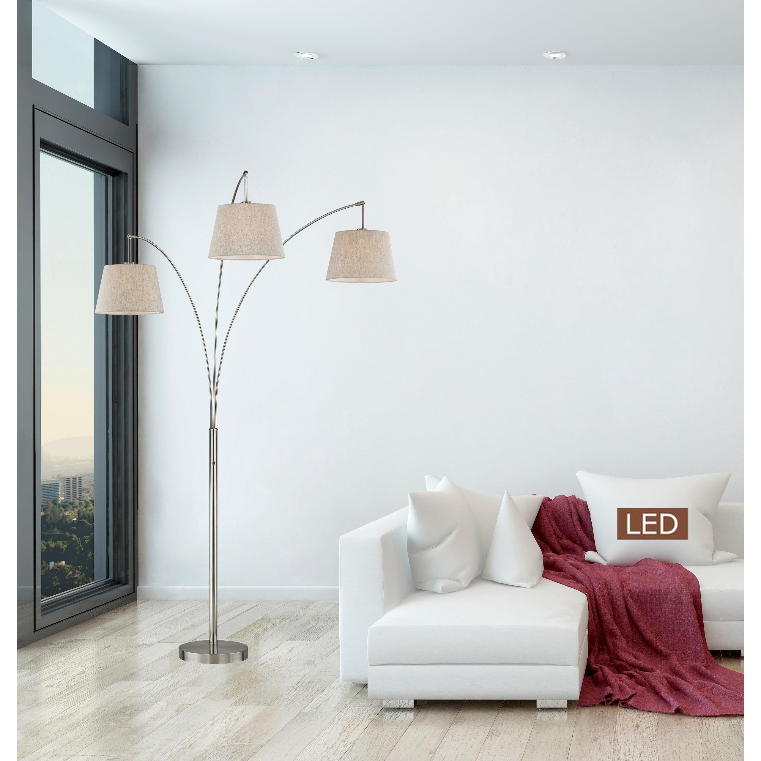 Modern Adjustable Arc Floor Lamp in Brushed Steel with Premium Tan Shade