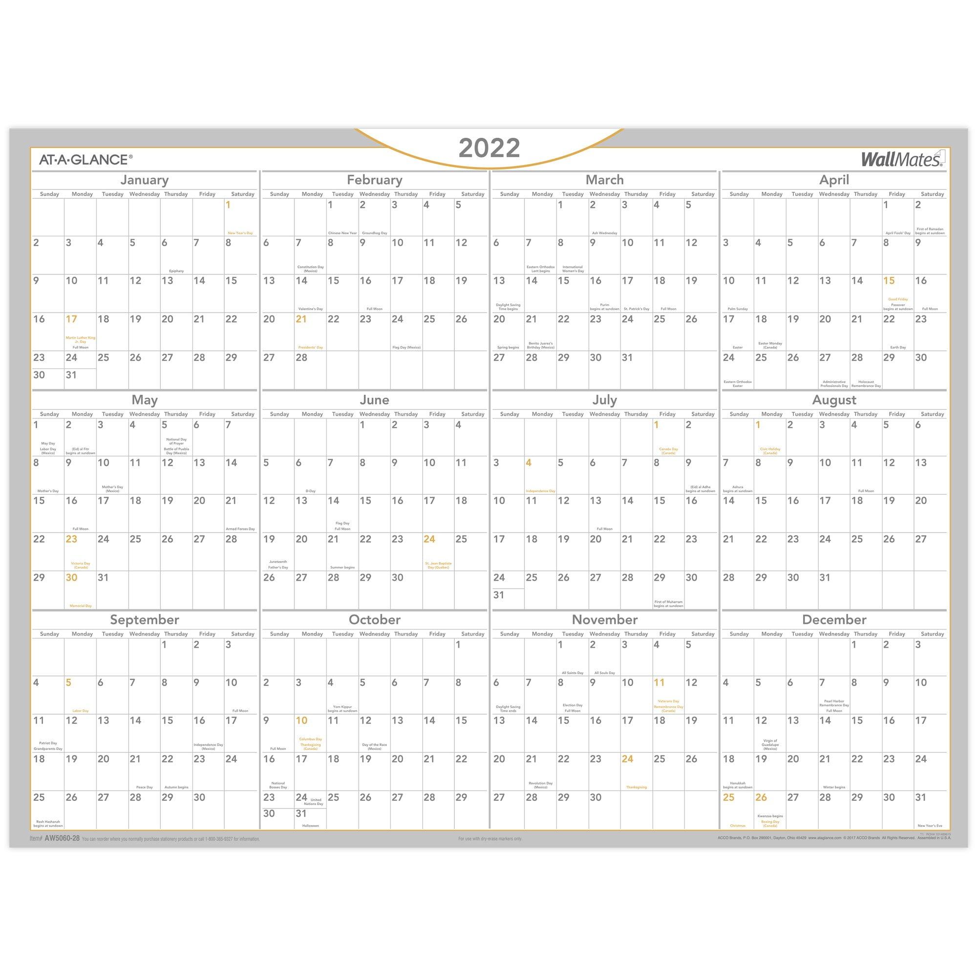 AT-A-GLANCE 2022 18" x 24" Yearly Calendar WallMates White AW5060-28-22