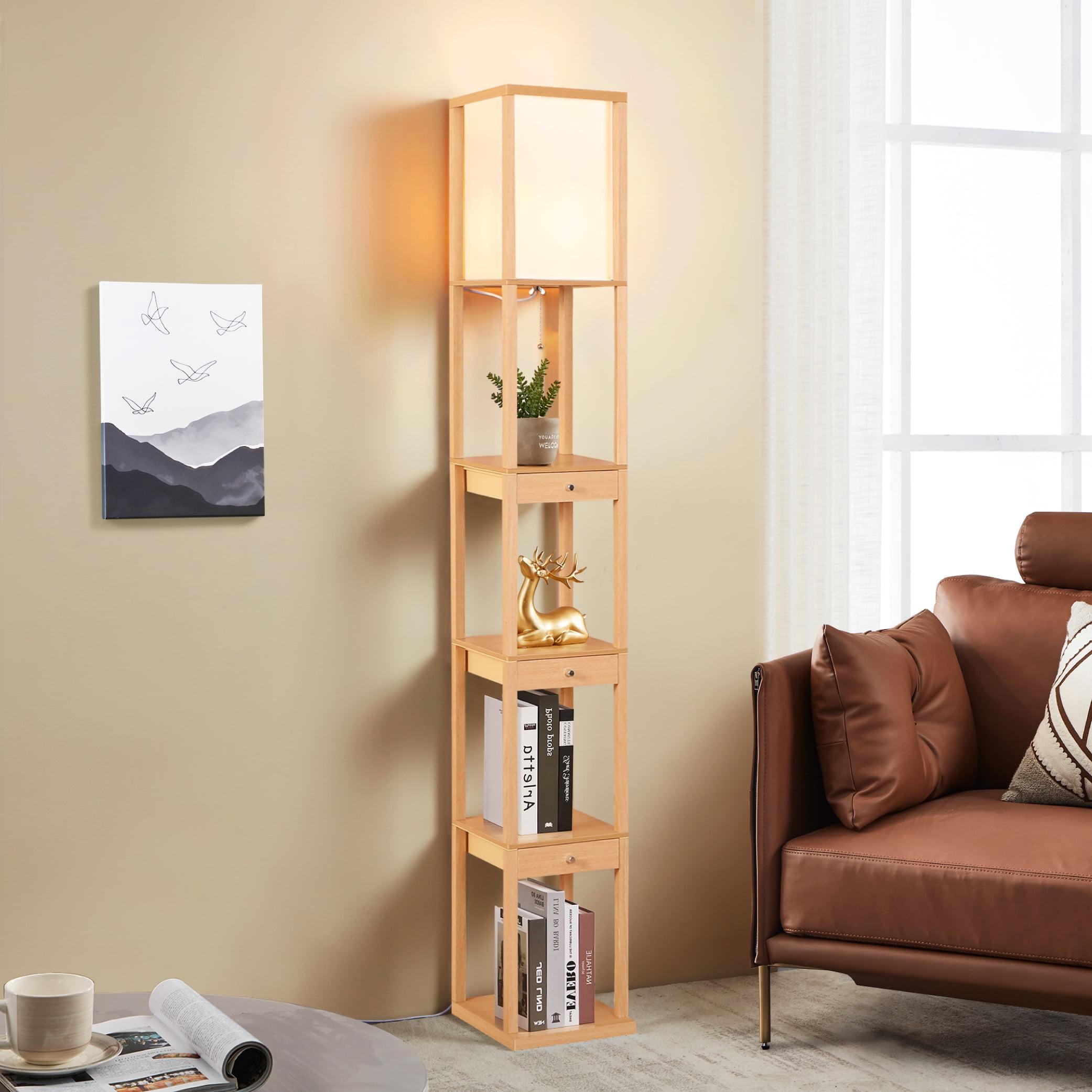 72" Natural Wood LED Floor Lamp with Shelves and Drawers