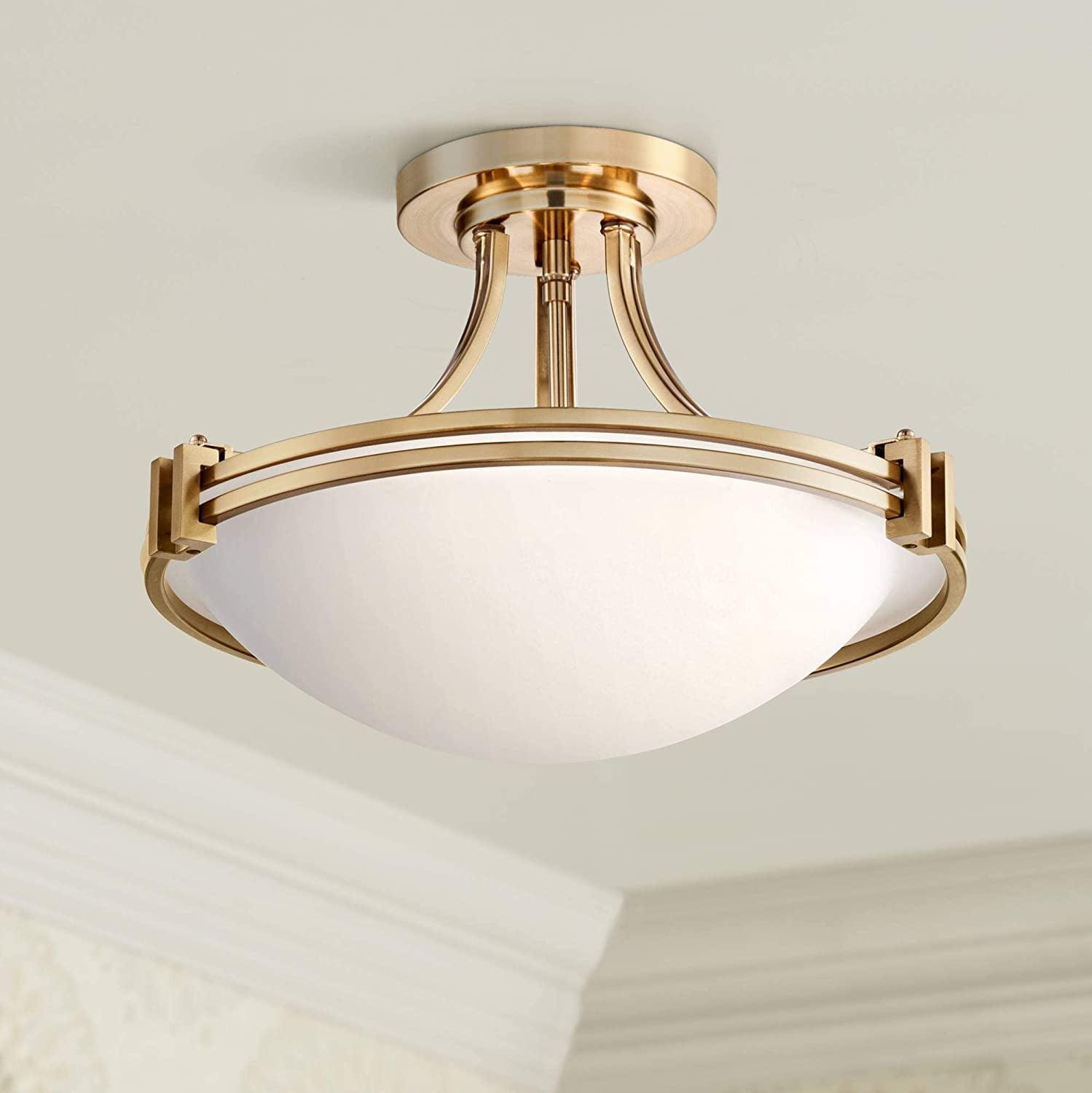 Art Deco Inspired 28" Warm Brass Ceiling Light with White Glass Bowl