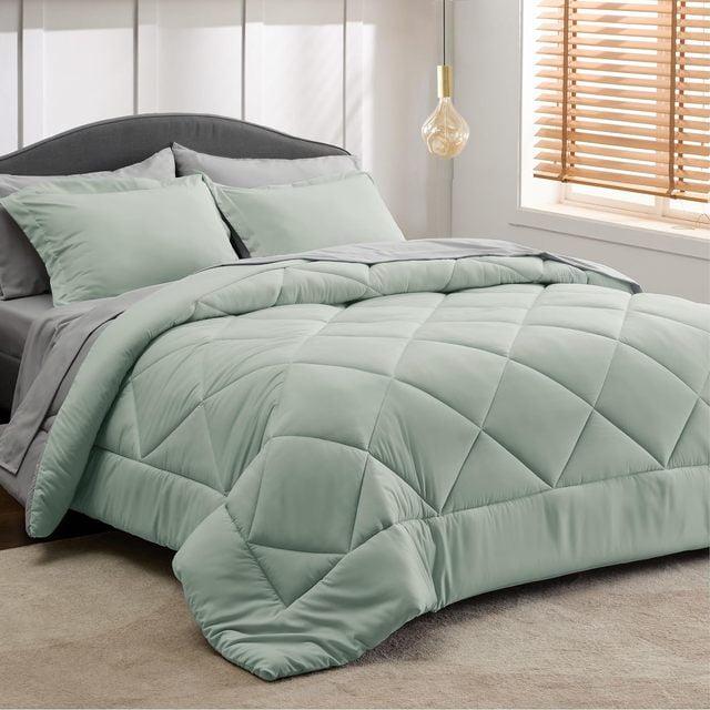 Cozy Comfort Sage Green Queen Comforter Set - 7 Pieces Solid Queen Bed in a Bag, Queen Bed Set Sage Green with Quilted Warm Fluffy Comforters, Sheets, Pillowcases & Shams