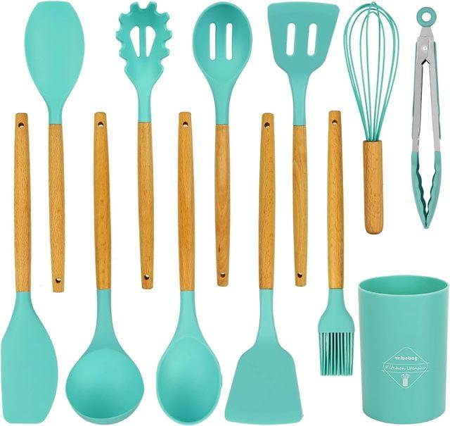 12-Piece Dark Green Silicone Cooking Utensils Set with Wood Handles