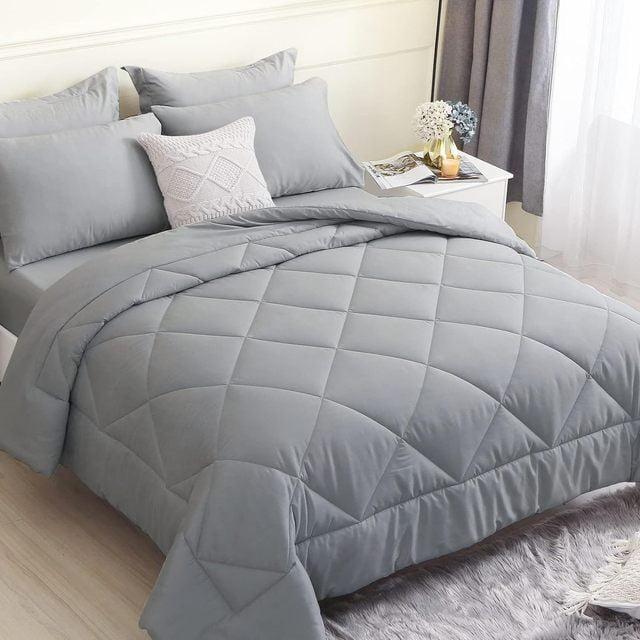 Cozy Comfort Queen Bedding Comforter Set - 7 Pieces Solid Grey Bed in a Bag Queen, Bed Set Queen with Quilted Fluffy Comforters, Sheets, Pillowcases & Shams