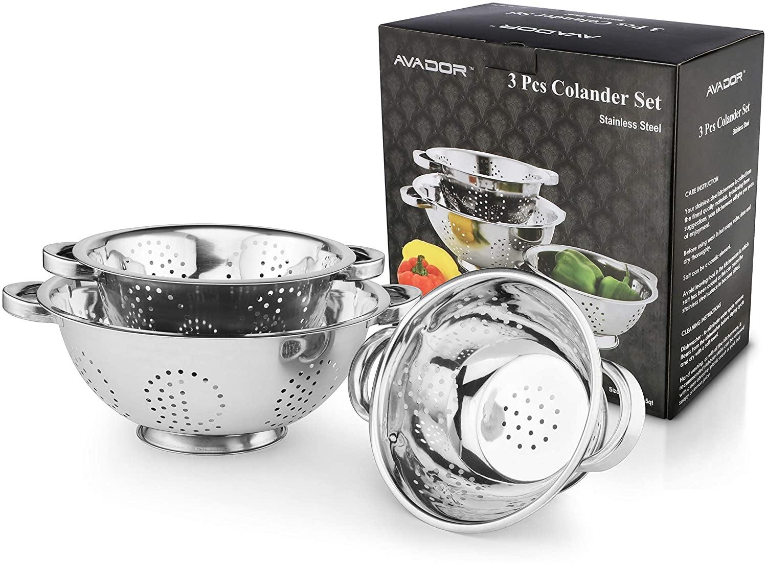 AVADOR Set of 3 Stainless Steel Colanders, Comes in 1. 3 and 5 Quart for all your Cooking | Baking | Prepping Needs