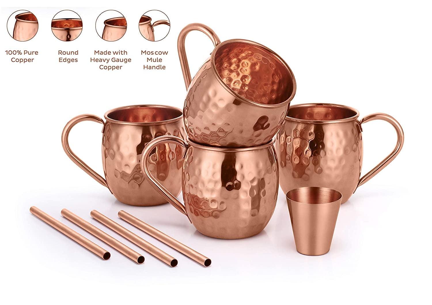 AVADOR Set of 4 Handcrafted 100% Pure Copper Moscow Mule Mugs Hammered Finish 16 Oz. Gift Set Boxed with Shot Glass and Copper Straws