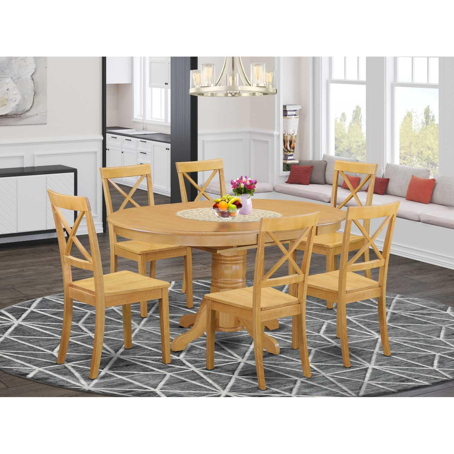 Oak Finish Round Dining Table Set with 6 Chairs