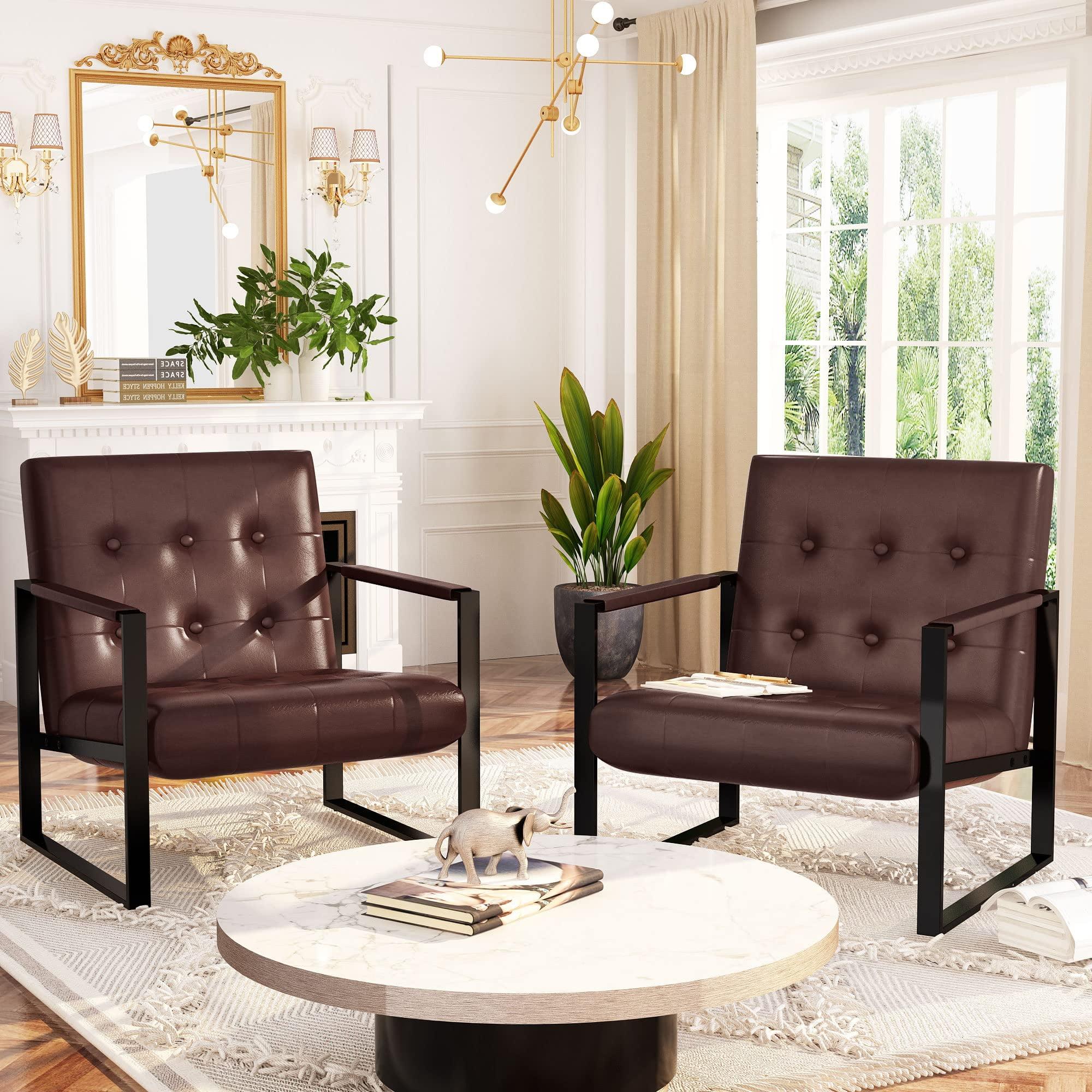 Brown Faux Leather Tufted Armchair Set with Metal Frame