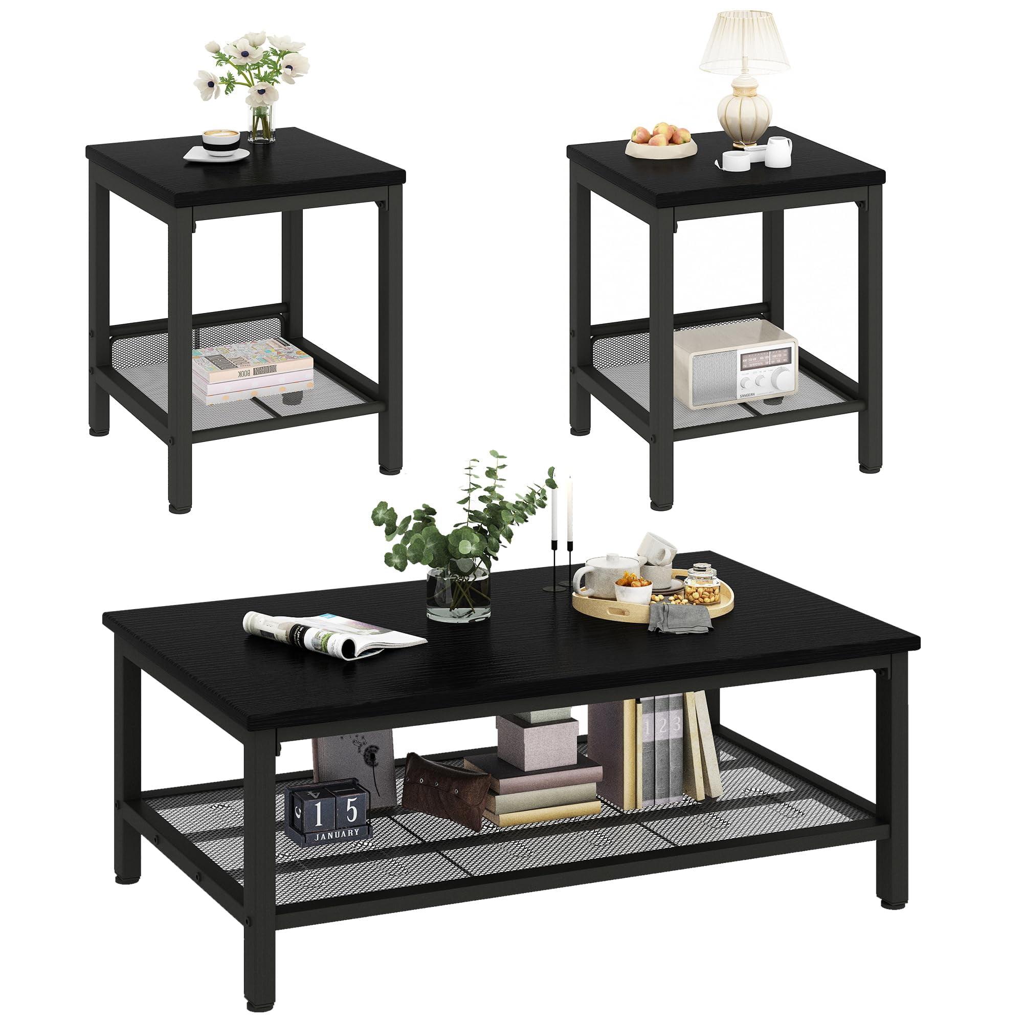 Black Industrial Coffee Table Set with Metal Frame and Mesh Shelf