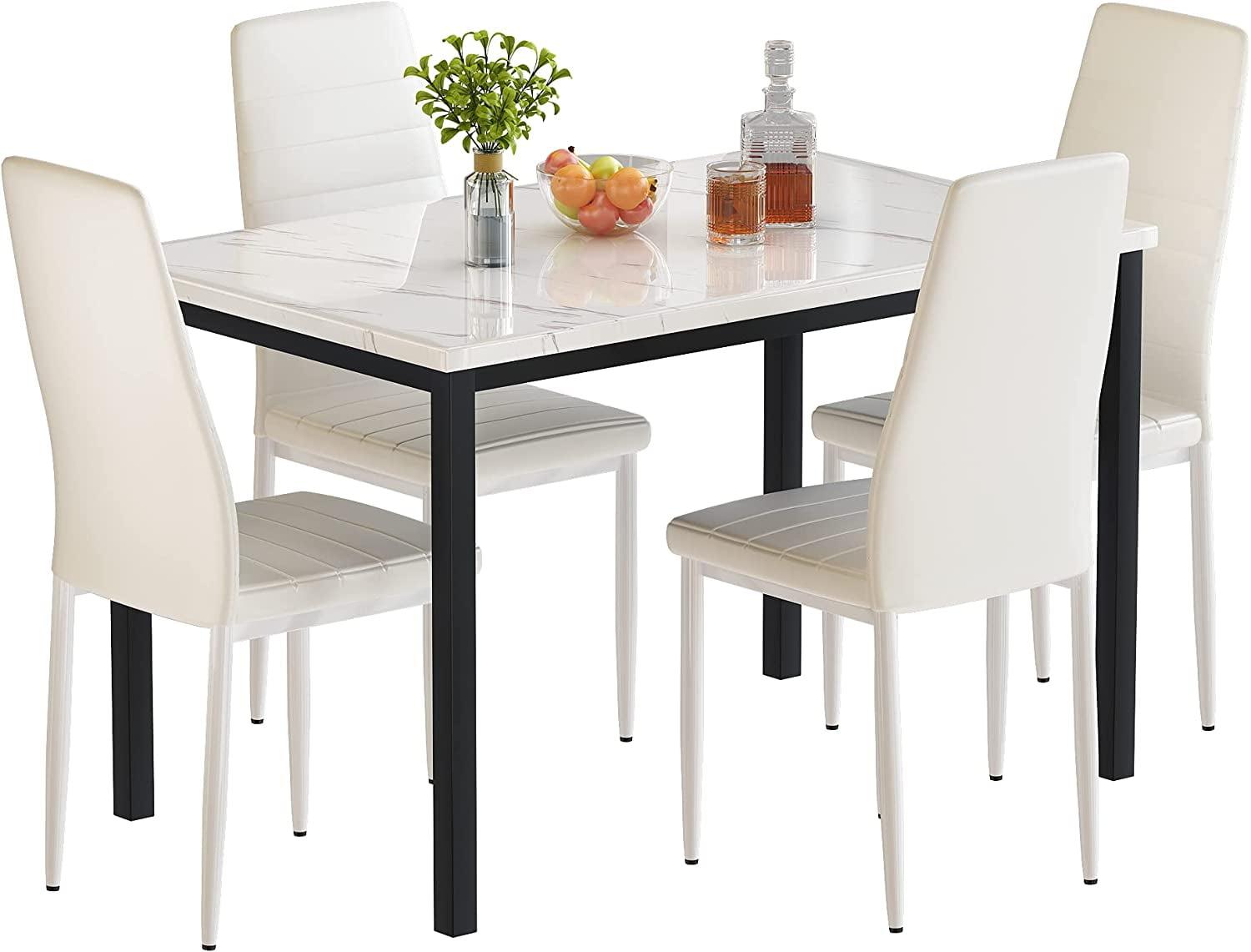 5-Piece White Faux Marble Dining Set with Upholstered Chairs