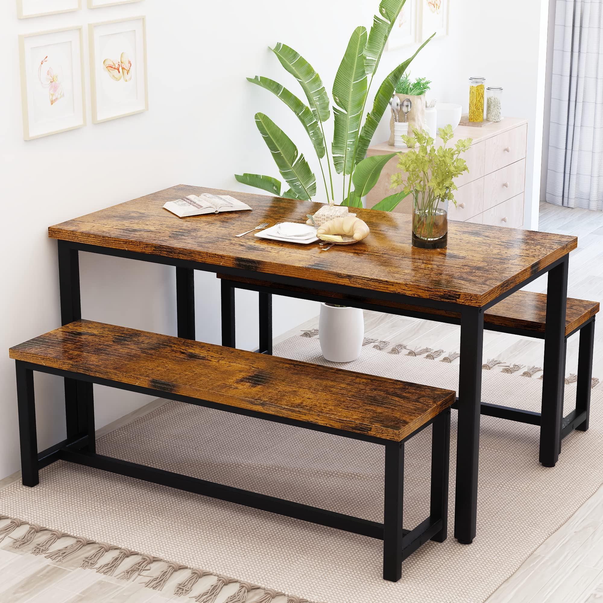 Rustic Brown and Black Industrial Dining Table Set with Benches