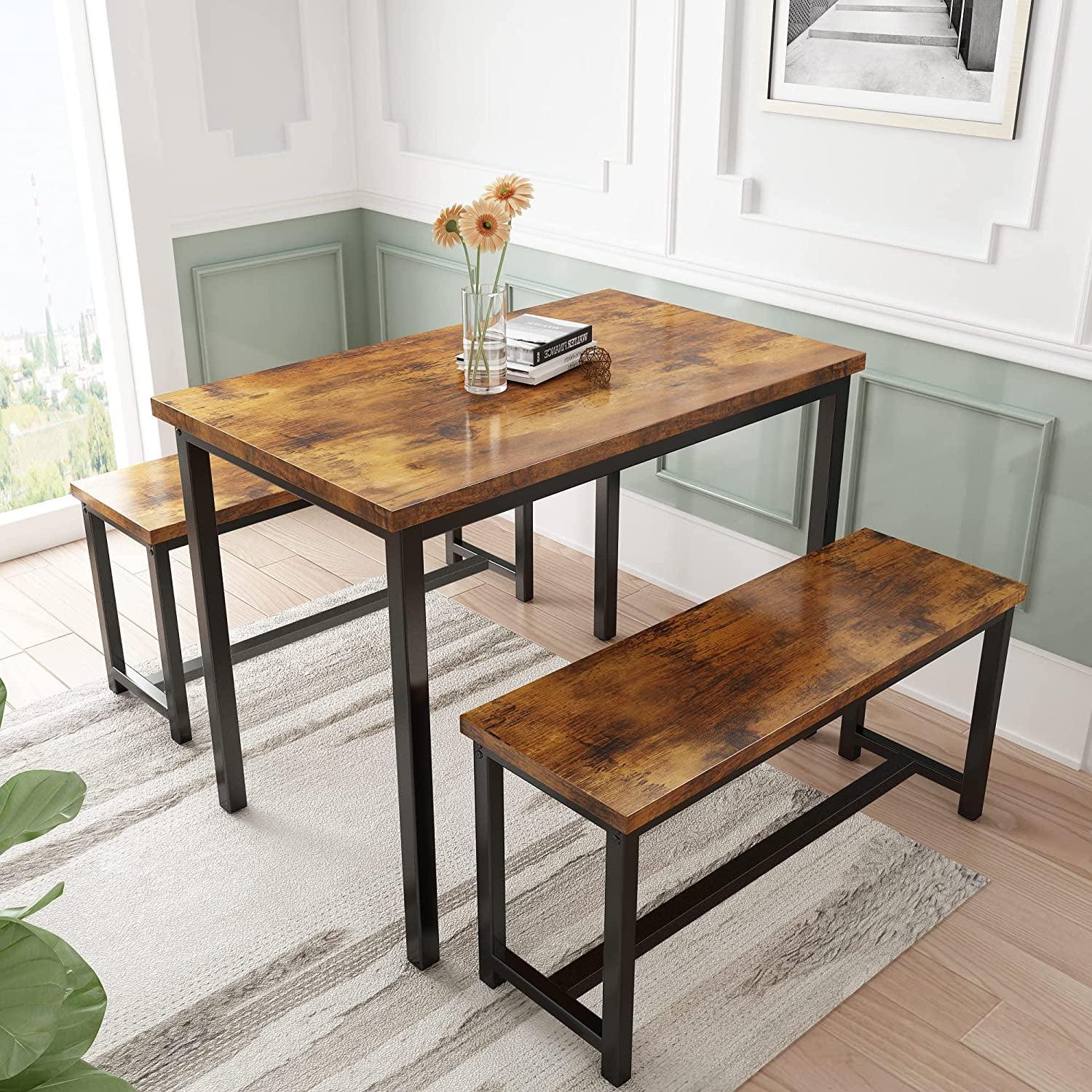 Rustic Brown and Black Industrial Dining Table Set with Benches