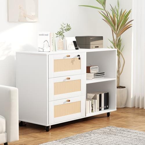 AWQM Wood Filing Cabinet with Lock,3 Drawers Office Storage Cabinet Printer Stand with Open Storage Shelves,Rattan Mobile File Cabinet for Home Office,White