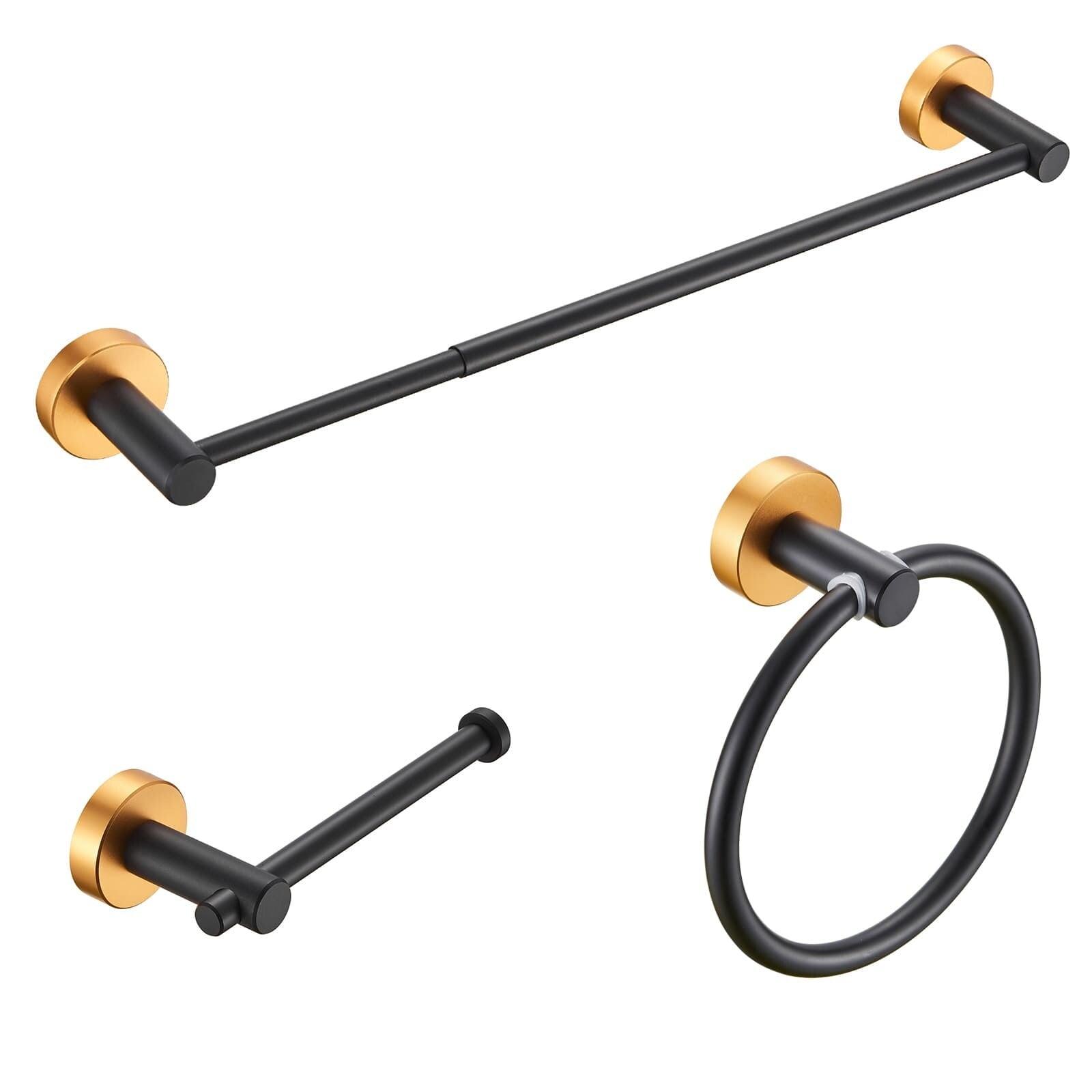 AWZTOO 3 Piece Bathroom Hardware Set Wall Mount Adjustable Towel Bar, Hand Towel Ring, Toilet Paper Holder With Mounting Hardware Black & Gold Matte,