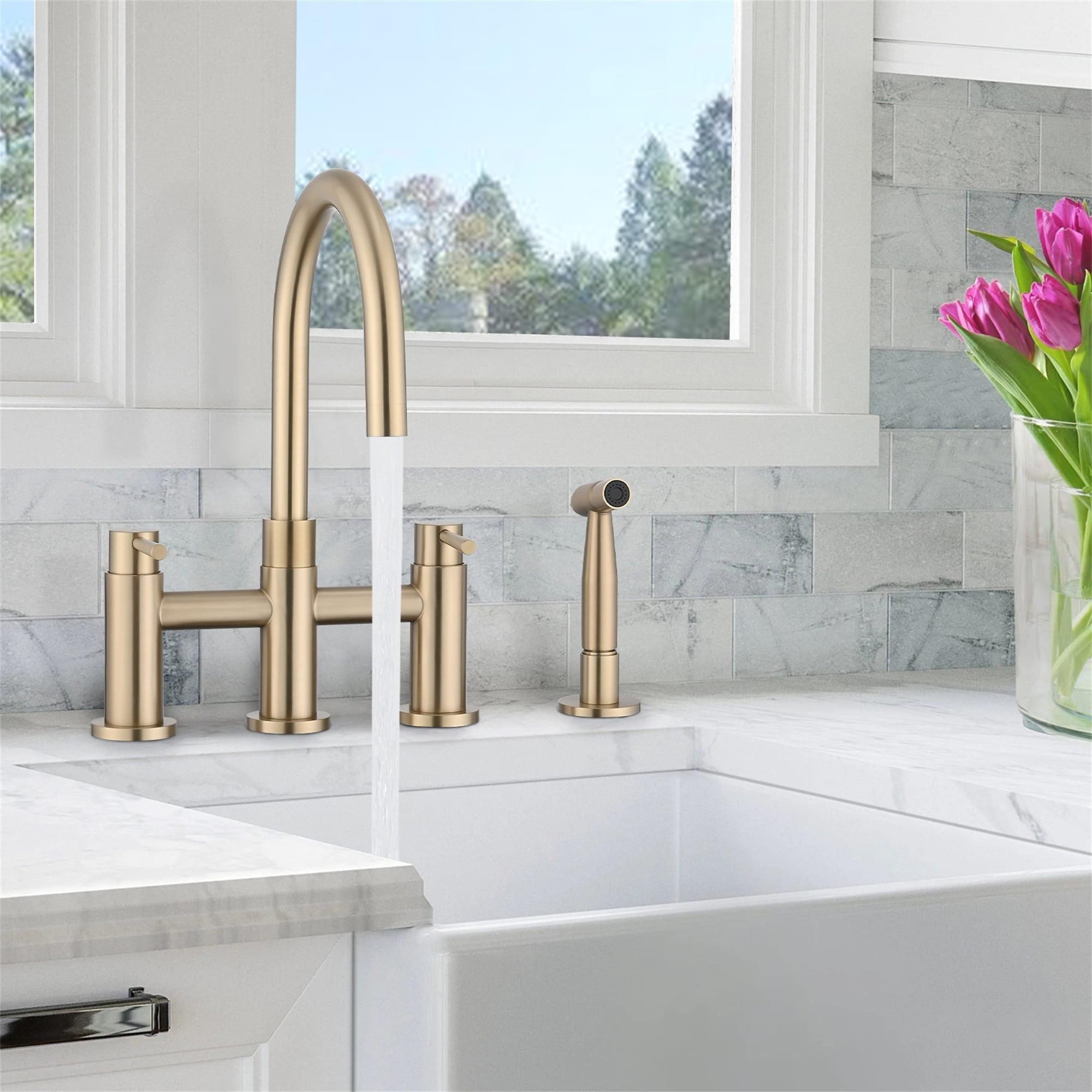 AWZTOO Bridge Kitchen Faucet With Side Sprayer 4 Hole Kitchen Sink Faucet 2 Handle Widespread Traditional Taps WIth Pull Out Sparyer Brushed Gold